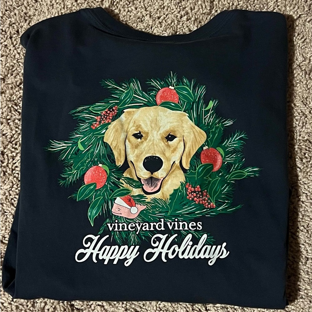 Vineyard Vines Kid’s Large Navy Long Sleeve Happy Holidays Dog Shirt